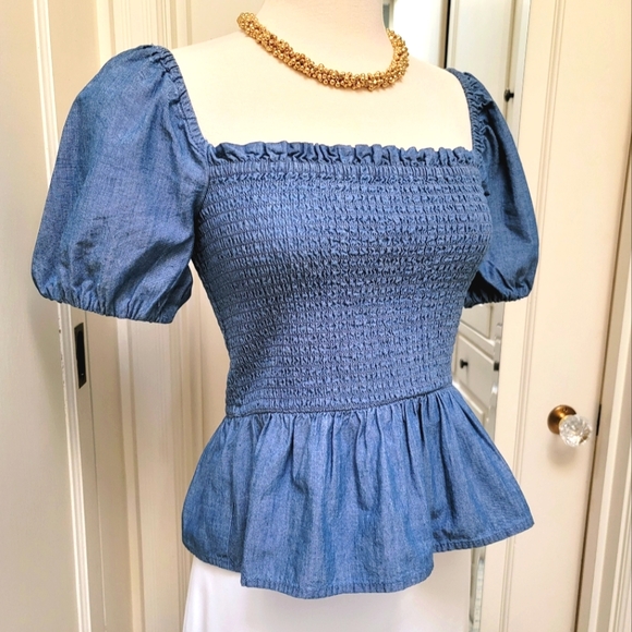 New! J Crew Squareneck Smocked Blue Chambray Top small medium - Picture 1 of 7